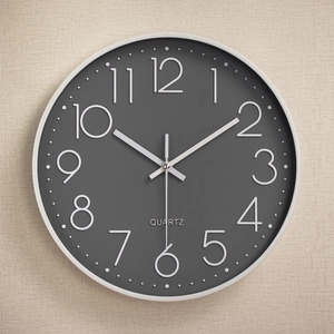 Modern 12-inch silent wall clock with dark grey dial and white 3D numbers for living room