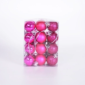 Detailed view of 12 rose red Christmas ball ornaments in a clear square box packaging