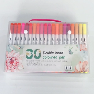 Detailed set of 60 double head colored brush pens in a portable clear storage case