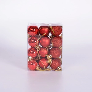 Detailed view of 24 red 3cm Christmas balls in shiny, matte, and glitter textures