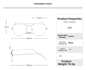 Detailed size chart for gold aviator glasses showing 140mm frame width and measurements