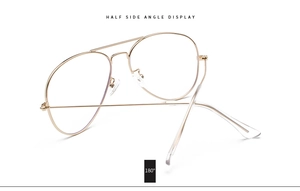 Detailed half-side angle view of gold metal aviator glasses frame with anti-blue light lenses