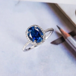 Oval Blue Cubic Zirconia Halo Ring Copper Silver Color Plated Elegant Jewelry For Women Engagement Wedding Party Gift