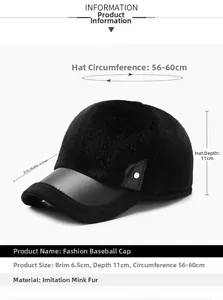 Detailed size chart for winter faux mink baseball cap with brim and depth specifications