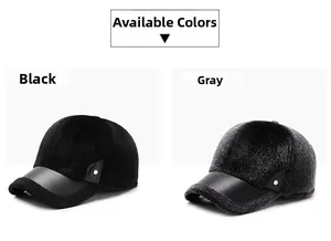 Detail of warm winter baseball caps in black and grey with faux fur and leather visor