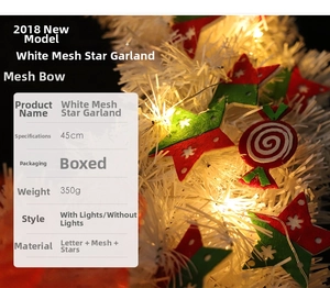 Detail view of 45cm white mesh Christmas wreath with LED lights and star pendants