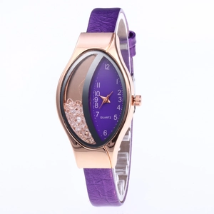Purple leather watch with rose gold leaf case and floating crystals on dial