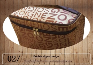 Detailed view of the dual metal zipper design on the large capacity letter pattern makeup bag