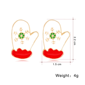 Detailed view of red and white Christmas glove earrings with size and weight specs