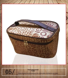Macro detail of cube toiletry bag featuring letter patterns and sturdy top handle grip