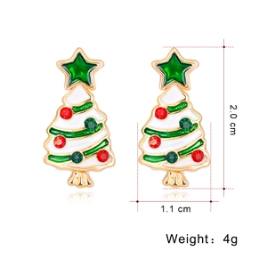 Detail view showing dimensions of white Christmas tree earrings with colorful rhinestones