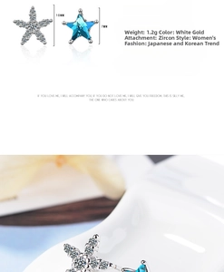 Macro detail of asymmetric blue star earrings with zircon inlay and product dimensions