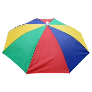 Rainbow colored hands-free umbrella hat for sun protection and outdoor fishing gear