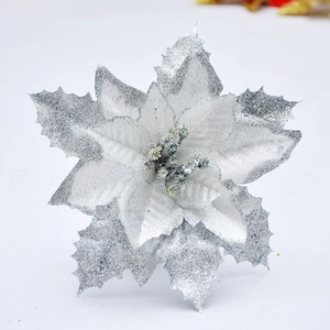 Silver artificial poinsettia flower with glitter coating for Christmas tree decoration