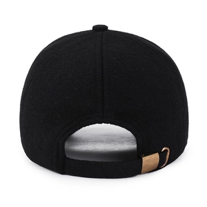 Classic black wool baseball cap for men featuring a metallic buckle adjustment at the back