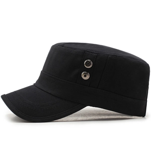 Classic black cotton canvas flat top army cap with metallic side eyelet details