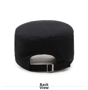 Detail of the adjustable metal buckle and strap on the back of the black cotton cadet cap