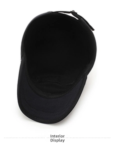 Detail view of black military cadet hat interior lining and adjustable metal buckle