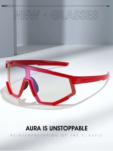Detail of red sports cycling glasses frame with clear lenses in a modern minimalist setting