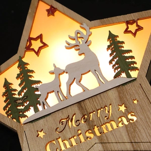 Wooden Christmas star lamp with reindeer carving and warm LED lights for desk decoration