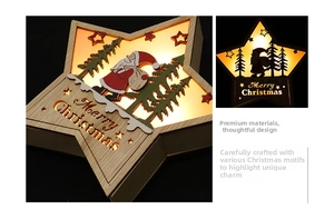 Detail showing the star-shaped wooden Christmas lamp with warm LED lights and deer carvings