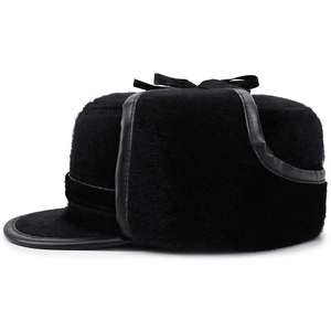 Men's winter faux fur hat with ear flaps and black leather trim for warmth and style