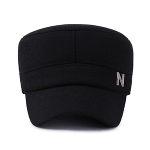 Winter black flat top military cap for elderly men with ear flaps and metal N logo