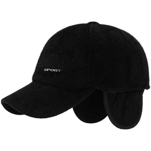 Winter sport baseball cap in black faux mink fur with ear flaps and SPORT embroidery