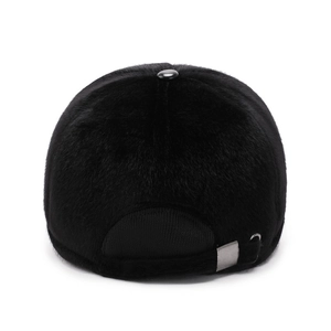 Men's winter faux fur baseball cap in black featuring an adjustable metal back strap