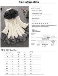 Size chart detail for the faux fur coat featuring dimensions and washing instructions
