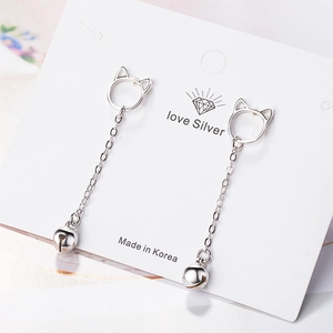 Cute silver cat ear stud earrings with long chains and small bell charms for women