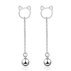 Cute silver hollow cat ear studs with long hanging chains and round bell pendants