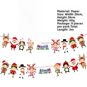 Detailed view of paper Christmas banner featuring Santa, reindeer, and penguin motifs