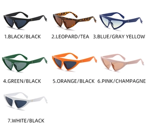 Matrix view showing 7 stylish colors of triangular cat-eye sunglasses with metal details