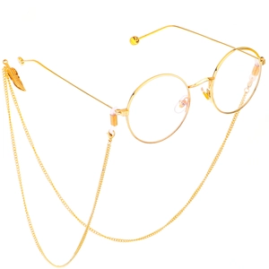 Golden round glasses with stylish metal anti-slip chain and elegant feather pendants