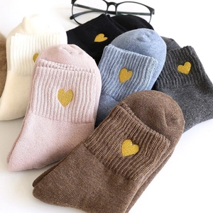 Japanese gold heart embroidery crew socks in various colors with warm ribbed knit texture
