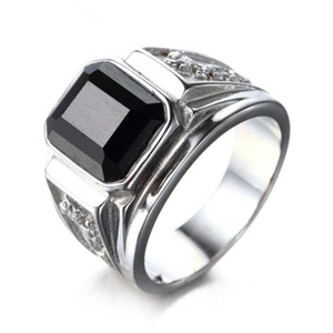 Men's silver alloy ring featuring a rectangular black faceted gemstone and side relief