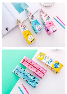 Detailed views of banana strawberry and milk carton pencil cases with zippers