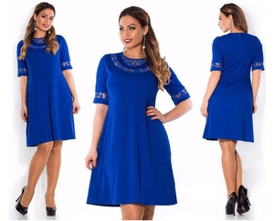 Robe Midi Femme Avec Patchwork De Dentelle Col Rond Demi-Manches Élégante Ligne A Grande Taille Couleur Unie Streetwear