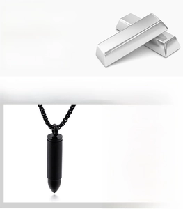 Detail showing 316L titanium steel black bullet pendant with 49mm height and 16g weight