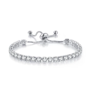 Close-up of adjustable silver tennis bracelet with brilliant-cut cubic zirconia stones