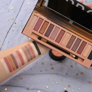Nahaufnahme der 12-Farben-Lidschattenpalette mit Swatches am Arm und Doppelpinsel