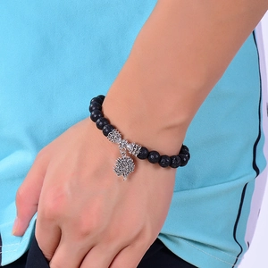 Black lava stone beads bracelet with a silver tree of life charm for men and women