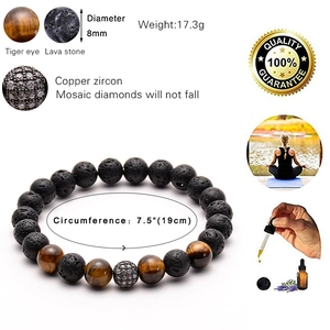 8mm tiger eye and lava stone energy bracelet with micro-pave zircon bead and size specs