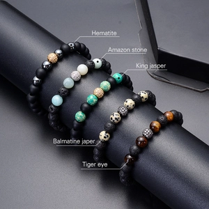 Stack of 8mm volcanic lava and tiger eye bead bracelets with micro-pave zircon spheres
