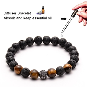 Volcanic lava stone and tiger eye bead bracelet with essential oil diffuser function