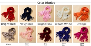 Detailed display of long fringe scarves in 10 classic colors for autumn and winter