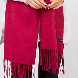 Elegant solid dark red cashmere scarf for women with long fringe and thick warm texture