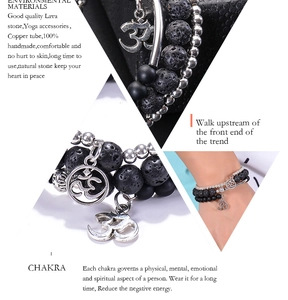 Macro detail of multi-layer lava stone yoga bracelet with metal Om charm and copper tube