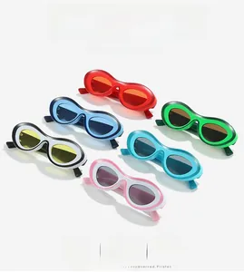 Detailed grid of six colorful Y2K oval sunglasses with thickened frames and retro style